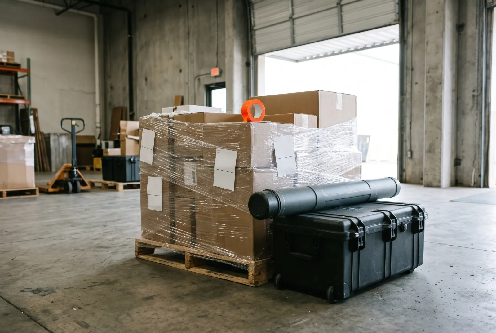 Show freight at a loading dock: a shrink-wrapped pallet of boxes, a black rolling case, a tube case for banner stands and a roll of orange tape