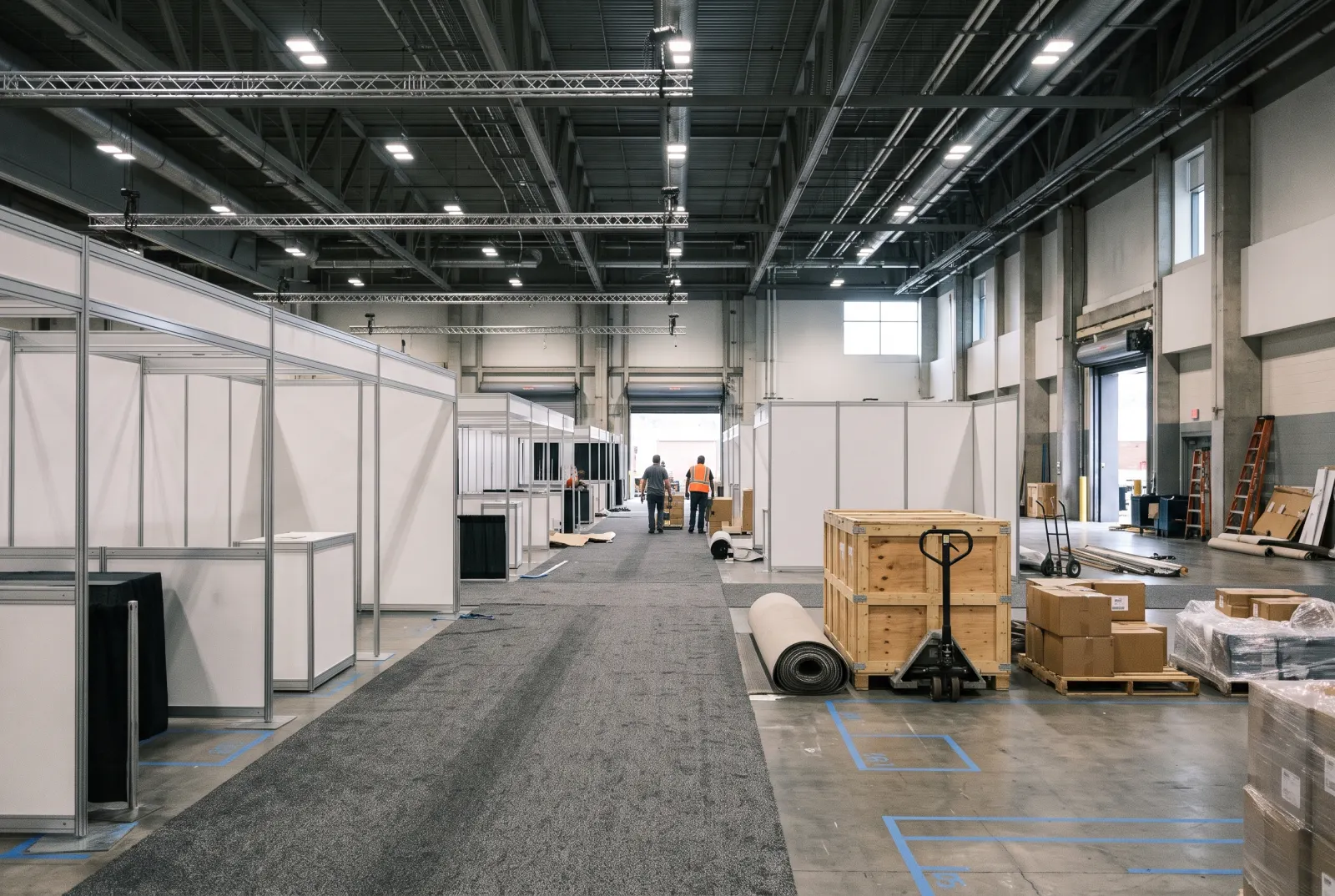 An exhibit hall on move-in day: a carpeted aisle between half-built white booth walls, wooden crates and boxes on pallets, a pallet jack and two workers in the distance